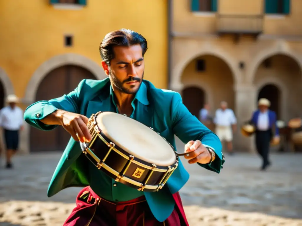 Un músico de tamburello italiano enérgico y colorido, capturado en pleno rendimiento