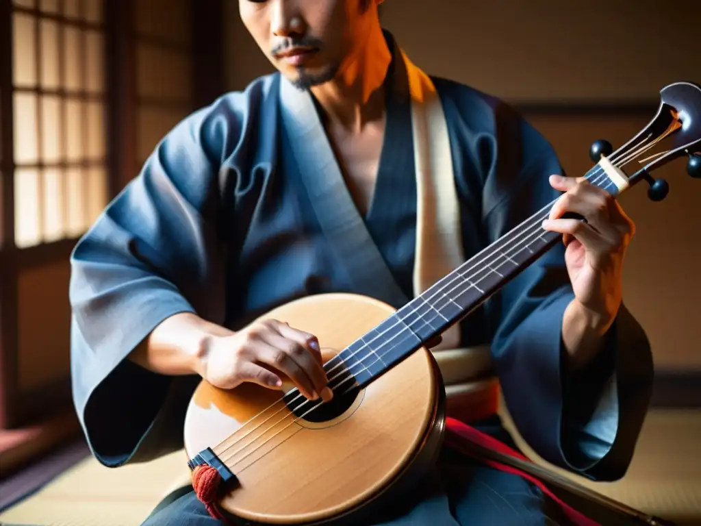 Un músico toca con pasión un shamisen japonés en una atmósfera cálida, fusionando la tradición con el rock