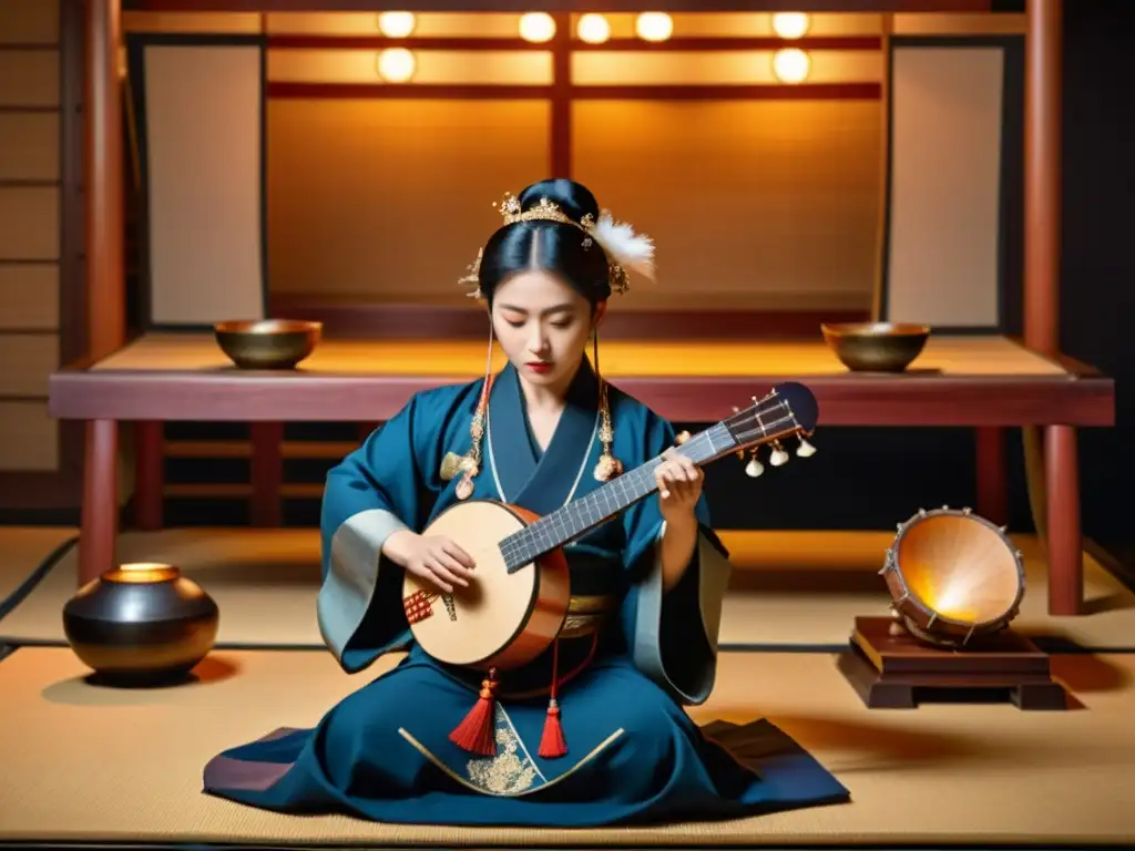 Un músico japonés interpreta el Heike Biwa entre artefactos históricos, destacando la preservación del Heike Biwa japonés