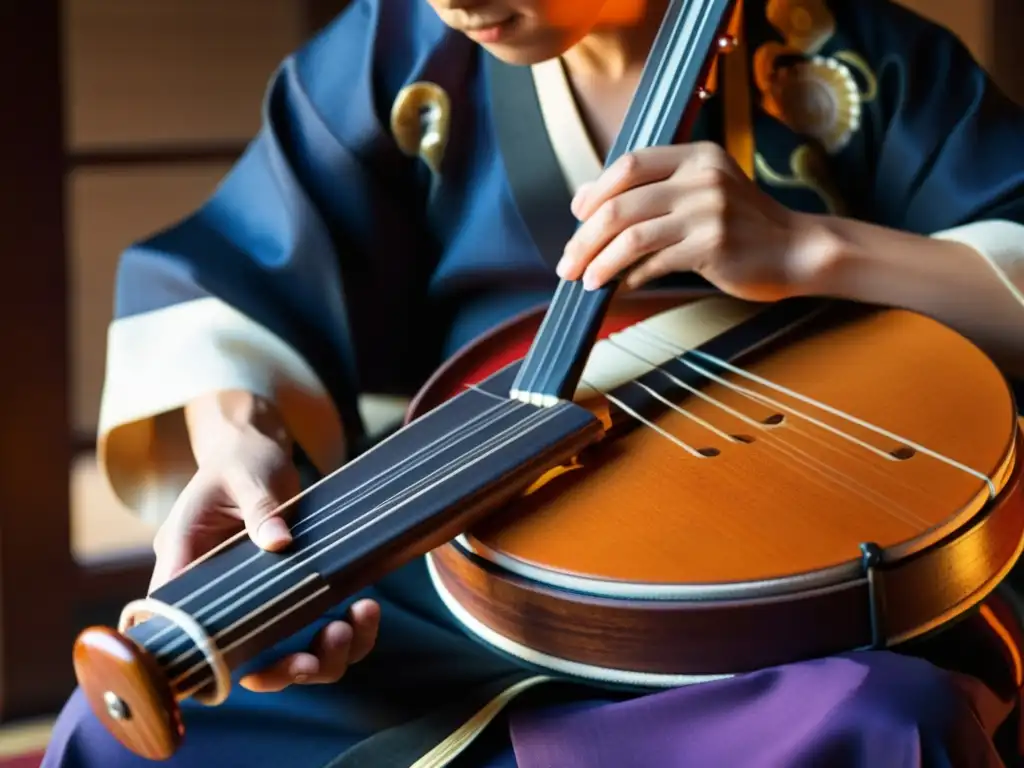 Un músico toca con maestría un shamisen japonés, mostrando detalles intrincados, concentración intensa y riqueza cultural