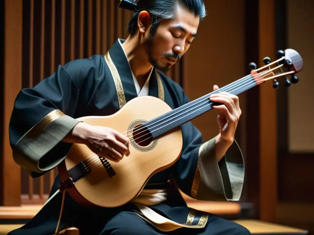 Un músico toca un shamisen japonés en un elegante y atmosférico salón de conciertos