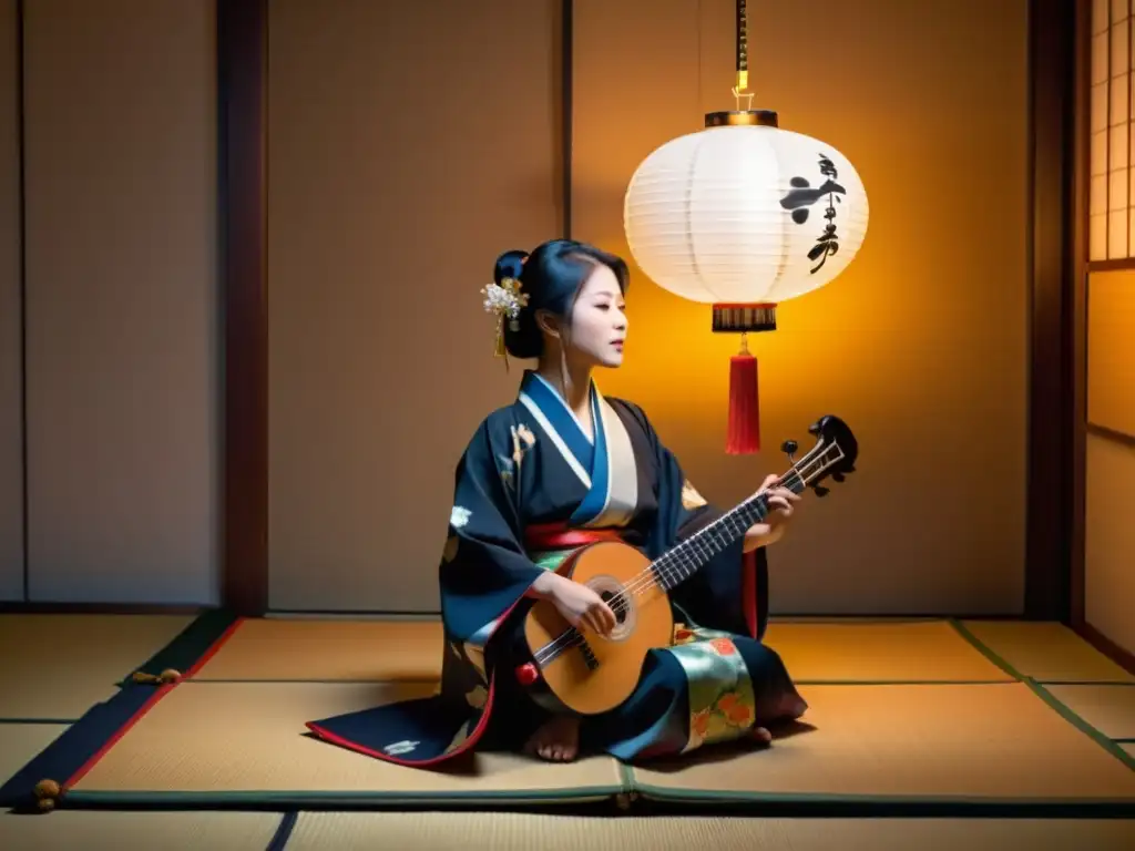 Un músico de shamisen japonés en kimono, tocando con pasión en una habitación iluminada por una linterna de papel