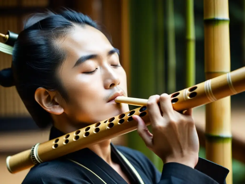 Un músico japonés toca con serena concentración el shakuhachi, mostrando la historia y sonido del instrumento