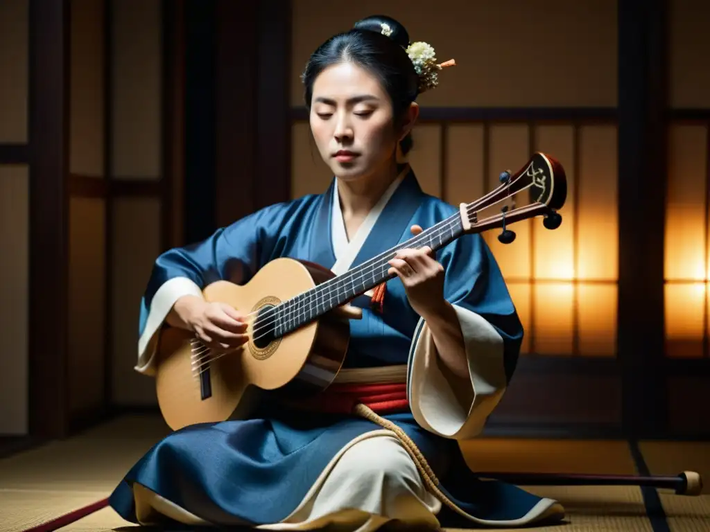 Un músico japonés tradicional toca el shamisen en un ambiente tenue y evocador, mostrando la historia y sonido del shamisen con pasión y detalle