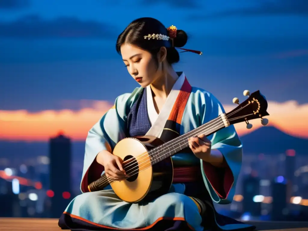 Un músico japonés toca el shamisen eléctrico con intensa concentración