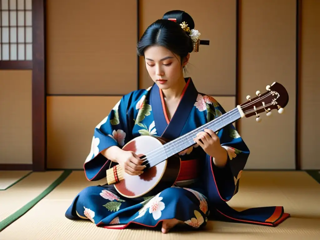 Un músico japonés toca el shamisen con intensa concentración en una habitación serena