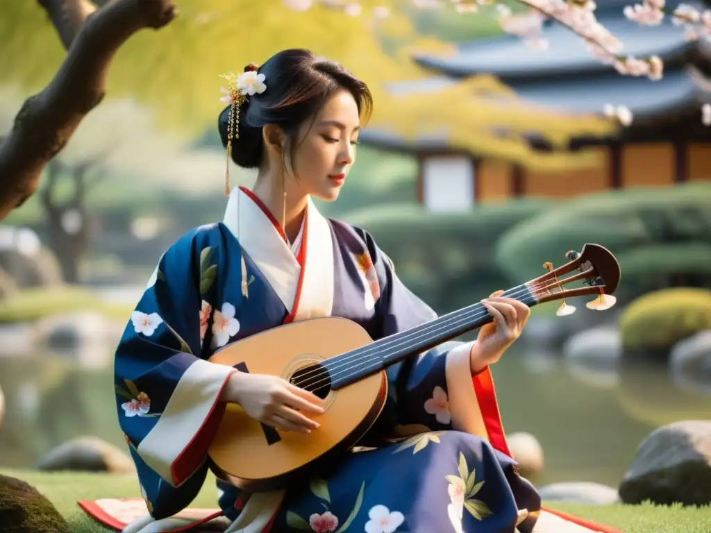 Un músico japonés tradicional toca el shamisen en un jardín sereno, rodeado de una pagoda y cerezos en flor