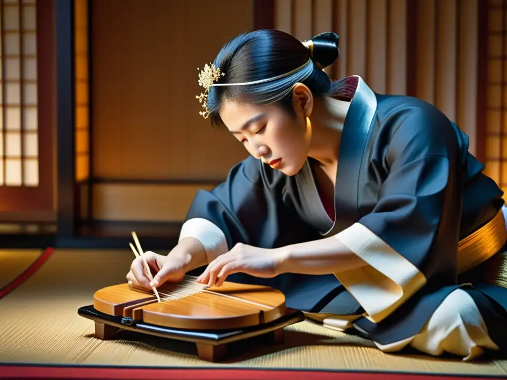 Un músico japonés tradicional interpreta el biwa con concentración, resaltando la historia y relevancia cultural del biwa japonés