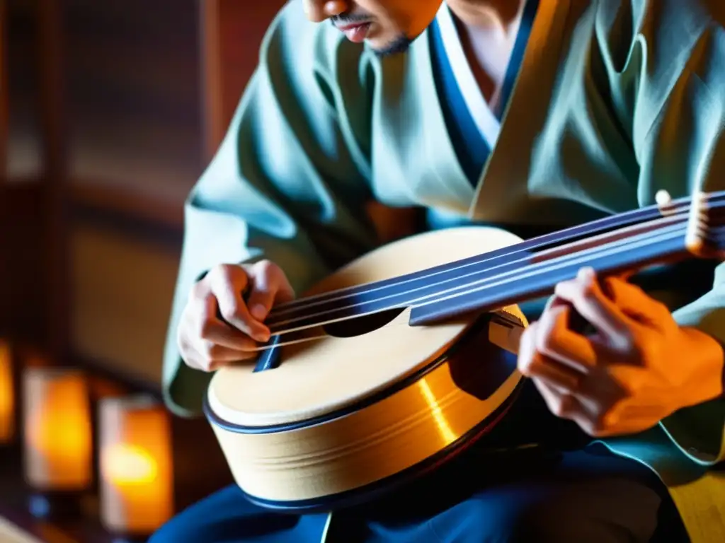 Un músico hábil toca un shamisen japonés tradicional, mostrando la historia y sonido del shamisen con una expresión serena