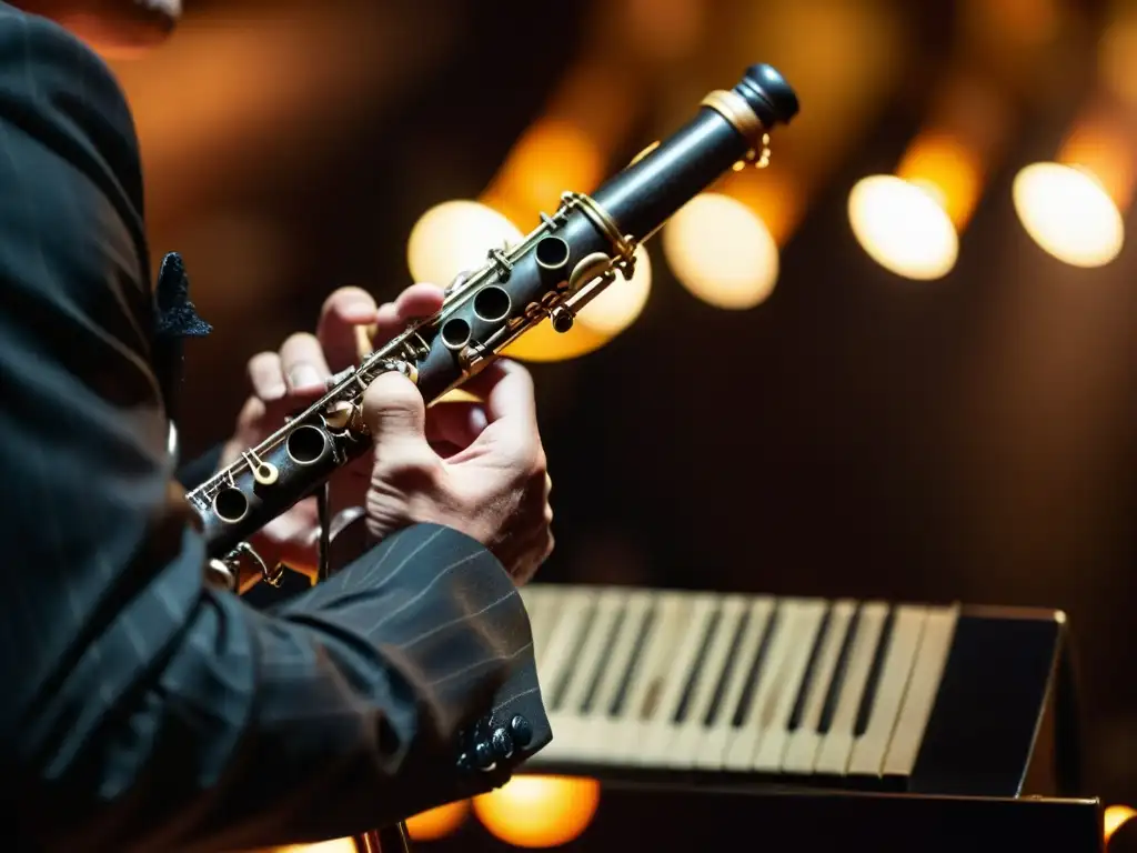 Un músico de jazz toca un clarinete vintage en un escenario tenue