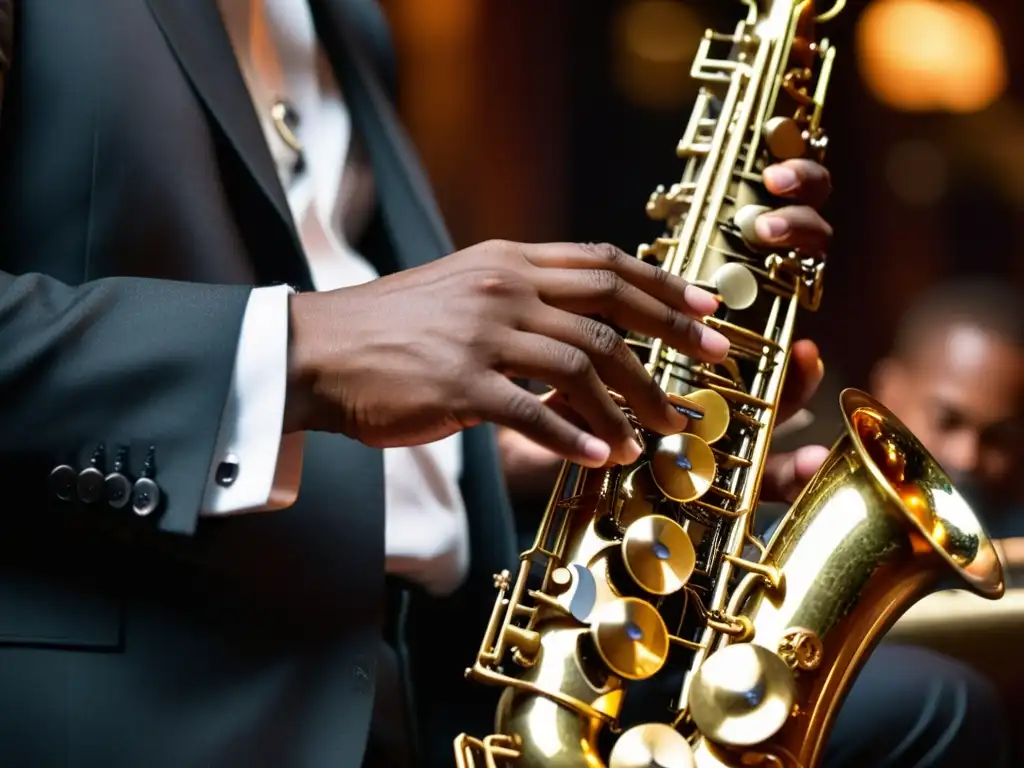 Un músico de jazz concentrado toca el saxofón en un club nocturno, con luces suaves y ambiente íntimo