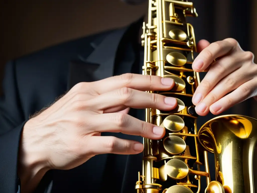 Un músico de jazz toca con destreza un saxofón dorado, sus manos ágiles dan vida a la digitación del instrumento