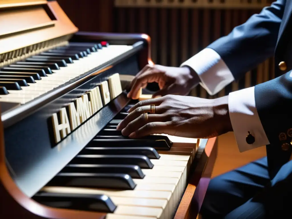 Un músico de jazz experimentado toca un órgano Hammond B3 en un concierto, creando un ambiente soulful