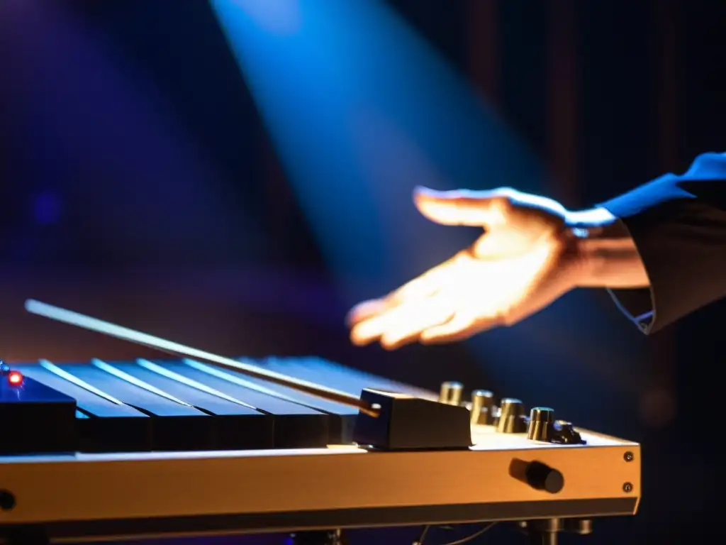 Un músico de jazz experto toca el theremin en el escenario, creando sonidos etéreos