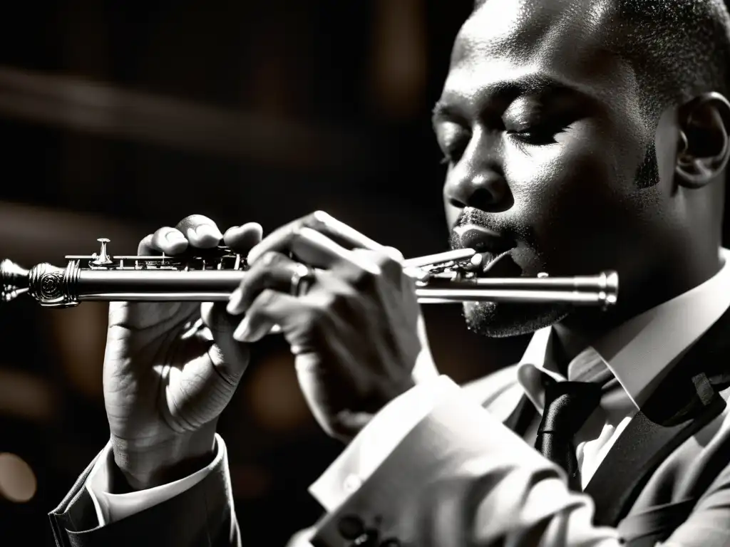 Un músico de jazz ejecuta la flauta con intensidad en un escenario, con una atmósfera sofisticada y envolvente