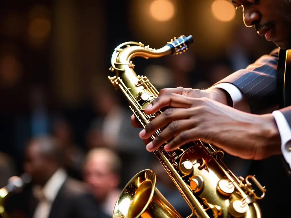 Un músico de jazz interpreta partituras con maestría en su saxofón, atrapando la intensidad y emoción de su actuación en un club nocturno