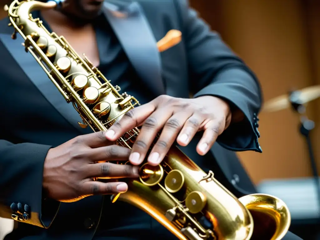 Un músico de jazz improvisando con pasión, tocando el saxofón con destreza