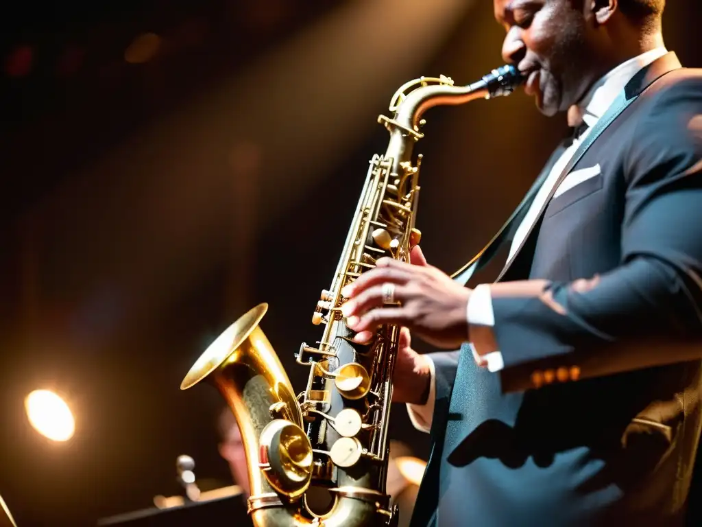 Un músico de jazz toca el saxofón con pasión en un escenario tenue