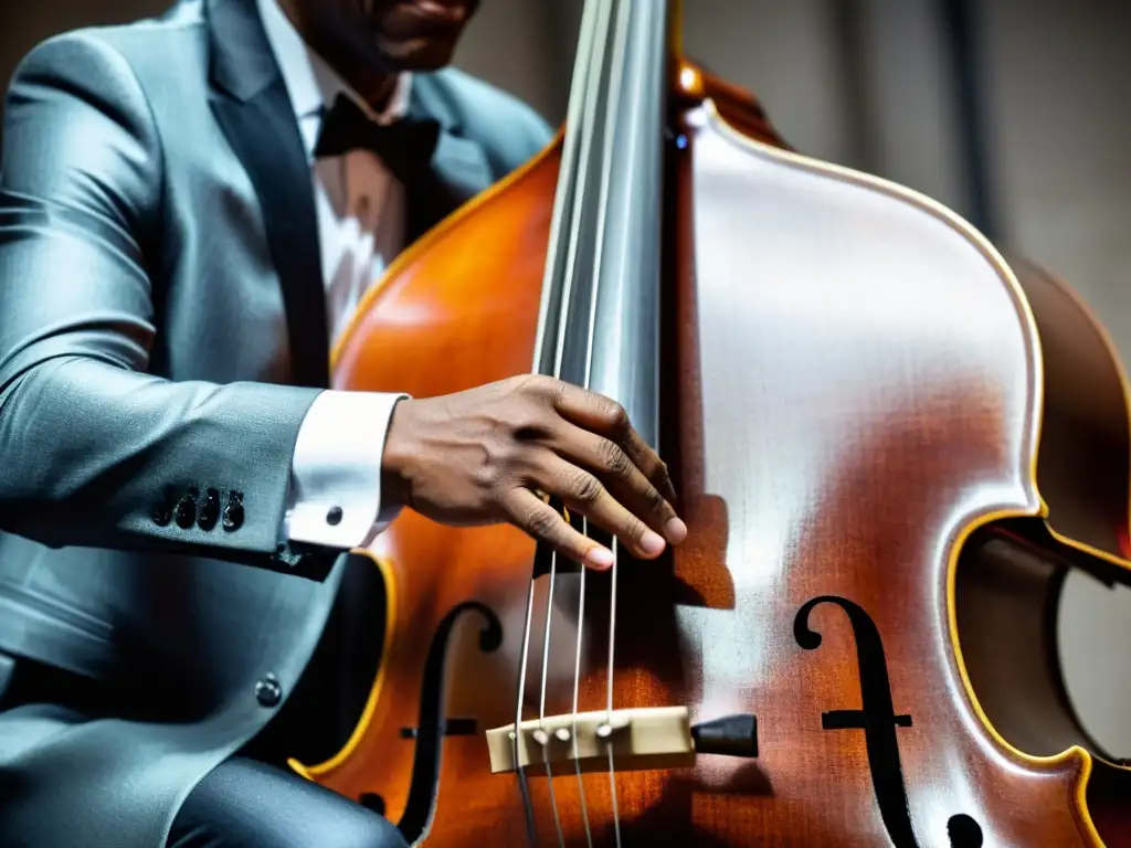 Un músico de jazz ejecuta la Técnica del bajo caminante con pasión, pluckeando las cuerdas de su contrabajo, iluminado por cálida luz de escenario