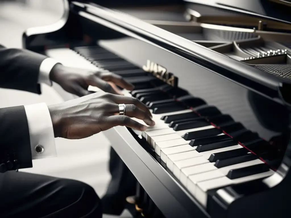 Un músico de jazz ejecuta técnicas de improvisación silenciosas en un piano de cola, capturando la elegancia atemporal en blanco y negro