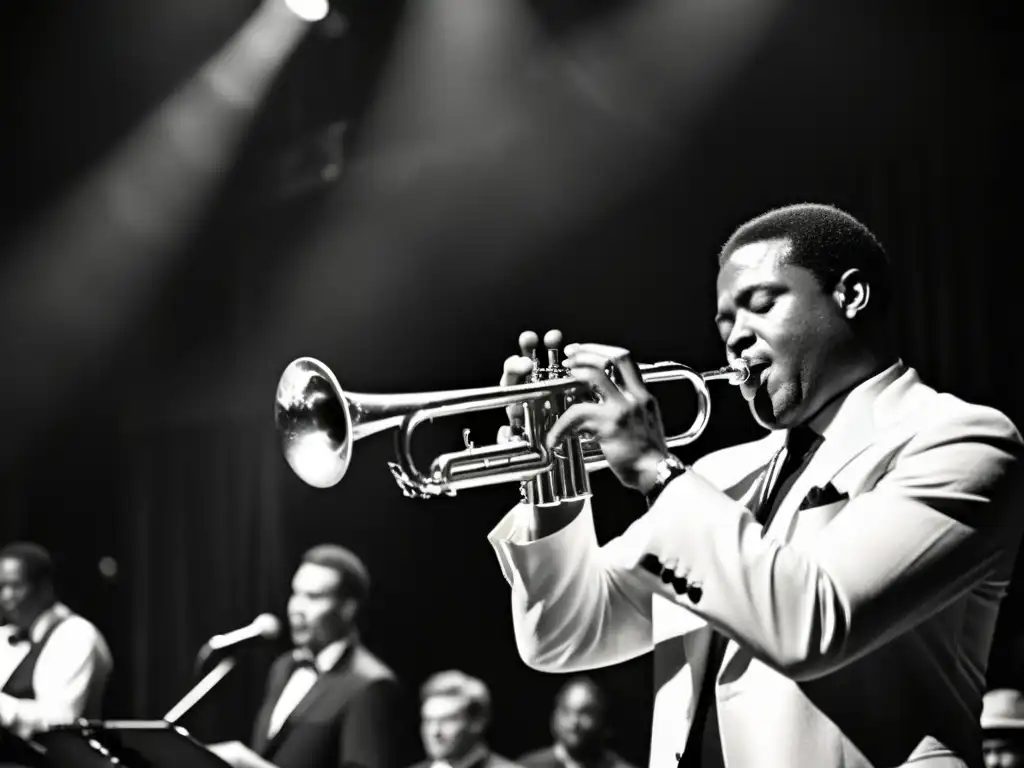 Un músico de jazz toca apasionadamente la trompeta en un escenario iluminado, con el público disfrutando la música