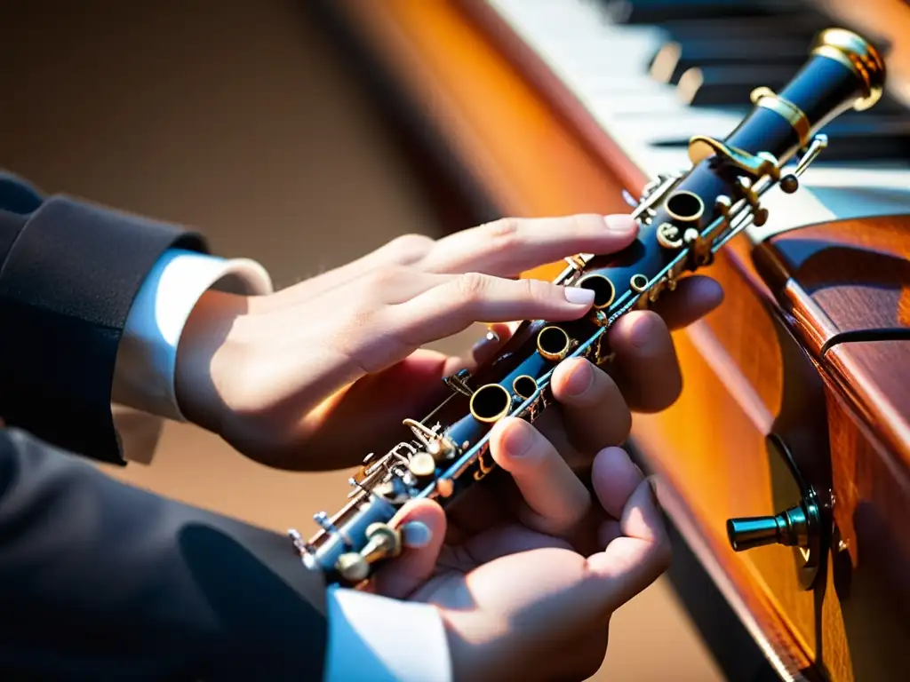 Un músico joven se concentra en tocar el oboe mientras sus manos muestran destreza