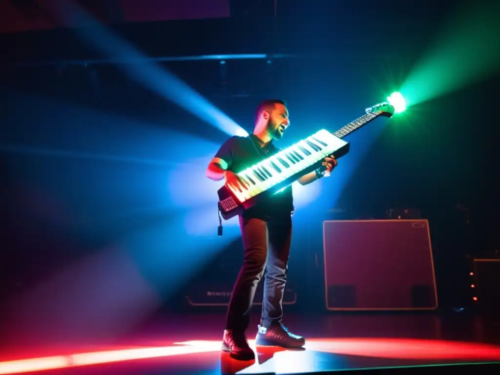 Un músico toca un keytar moderno en el escenario, con luces brillantes y una audiencia emocionada, capturando la historia y evolución del keytar