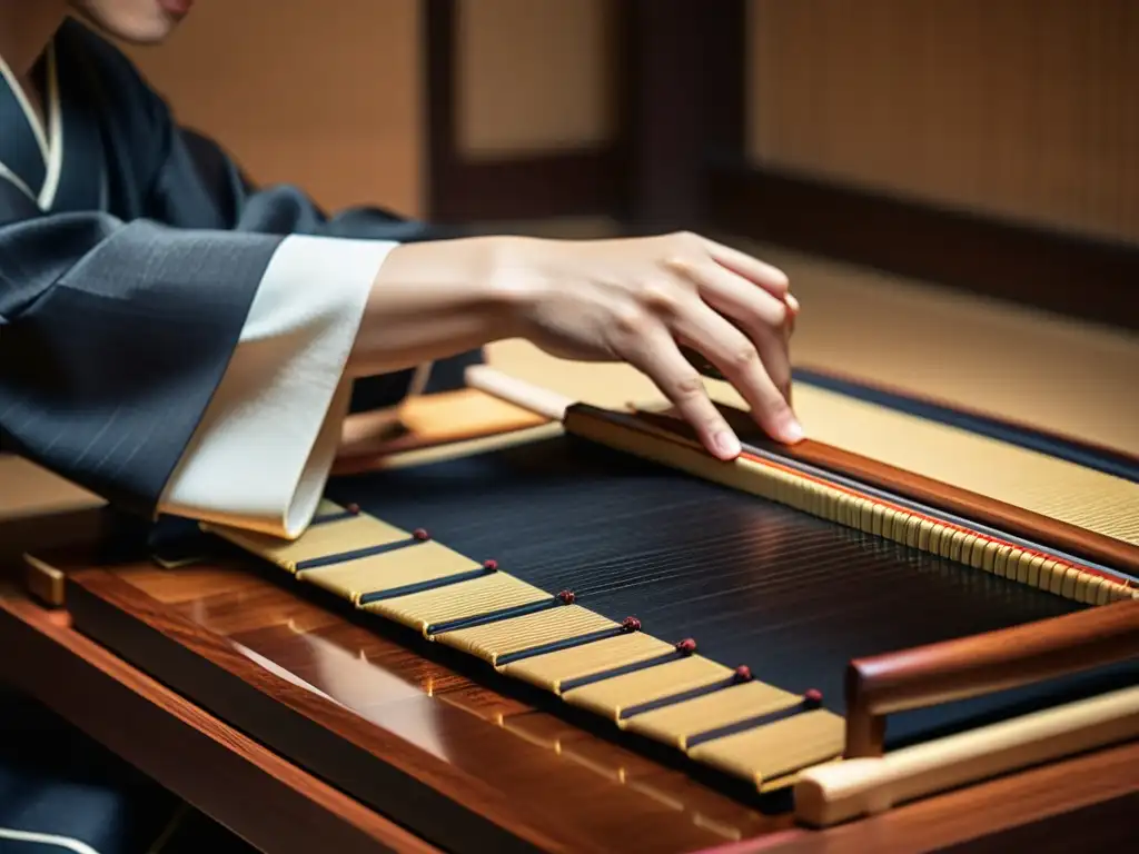 Un músico con kimono toca con maestría un koto japonés, iluminado por la suave luz de una ceremonia tradicional