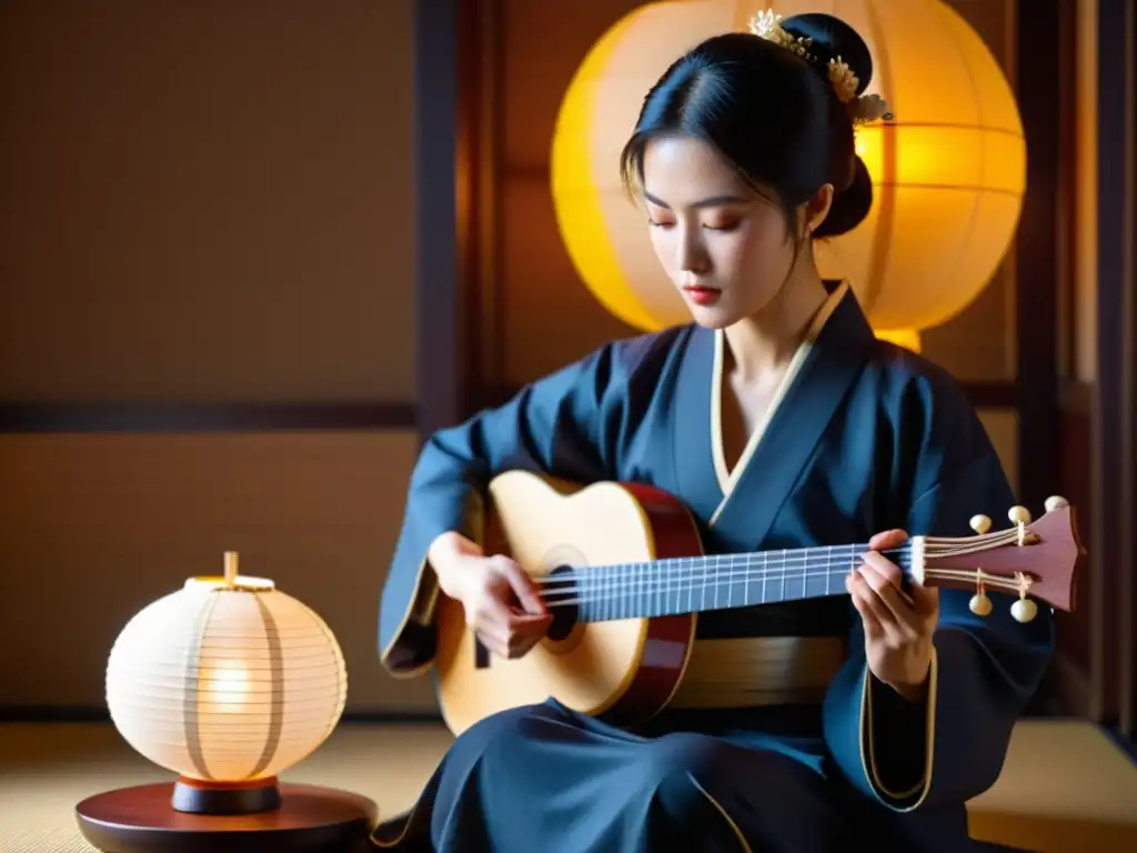 Un músico con kimono sostiene un shamisen tallado, iluminado por una linterna