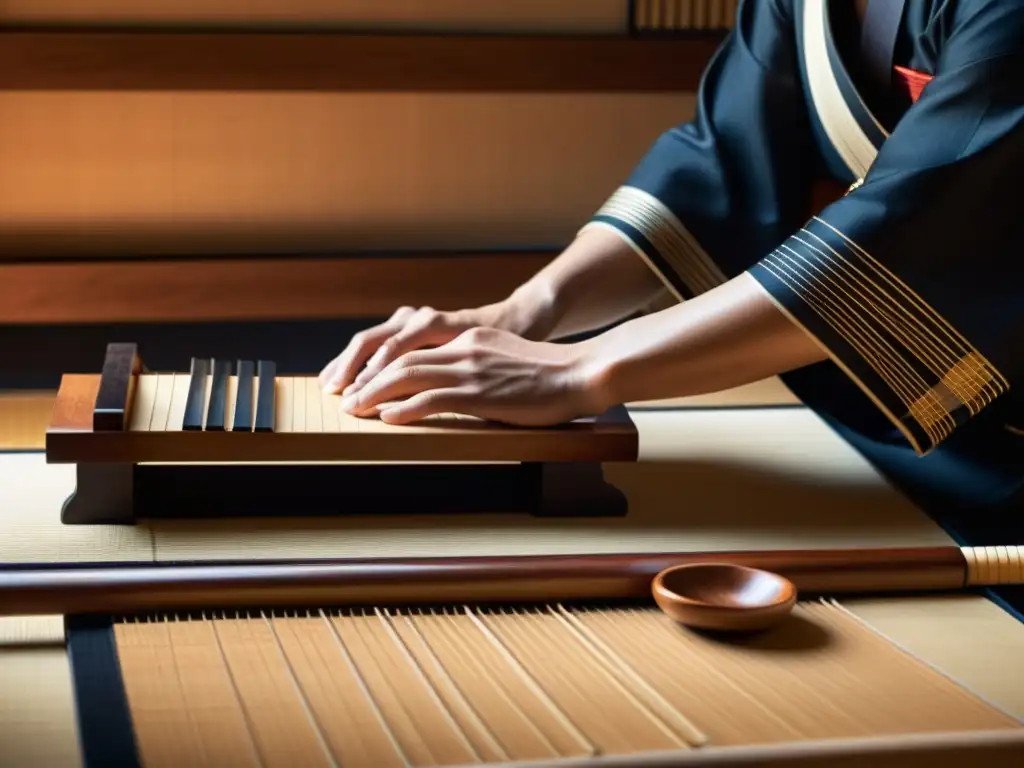 Un músico toca un koto japonés en una habitación minimalista, transmitiendo la historia del koto japonés con serenidad y destreza