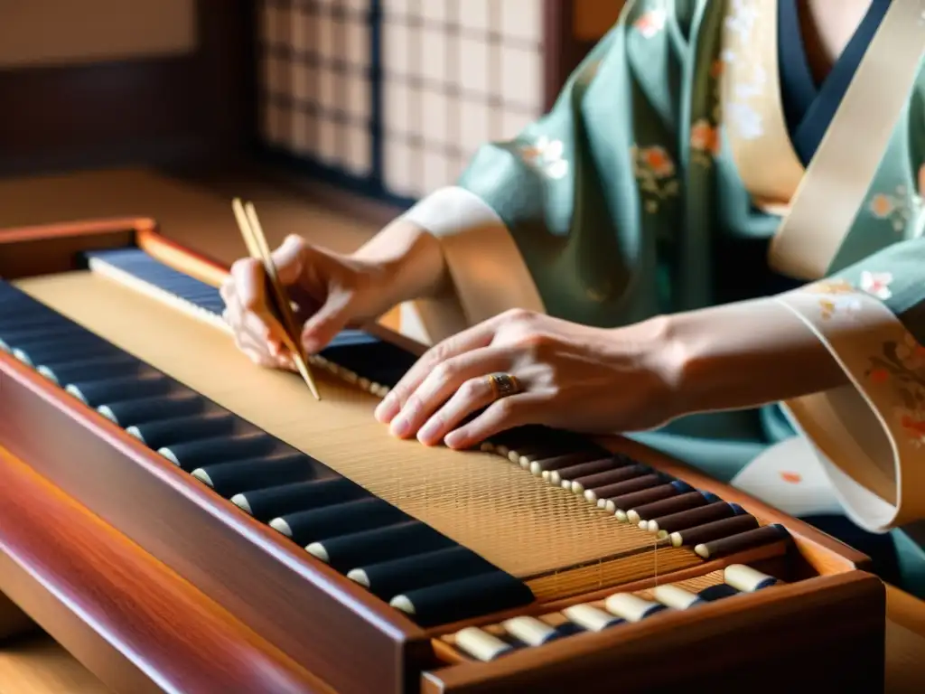 Un músico toca delicadamente un koto japonés en una habitación serena con tatamis, resaltando la tradición del koto japonés en ceremonias