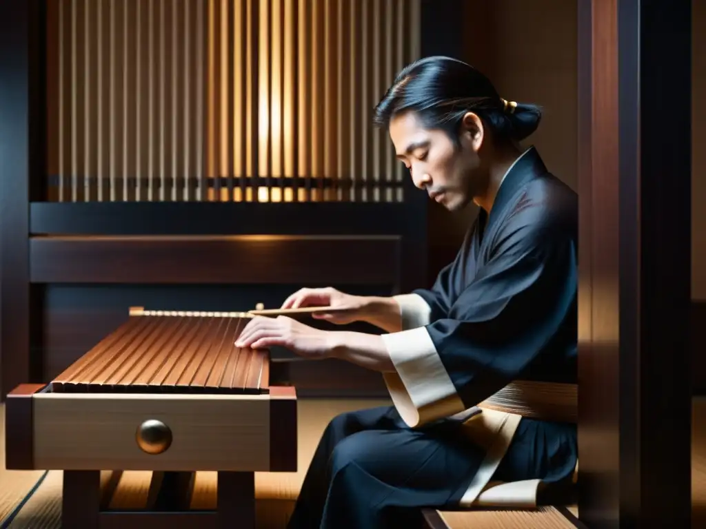 Un músico toca un koto japonés en una sala atmosférica