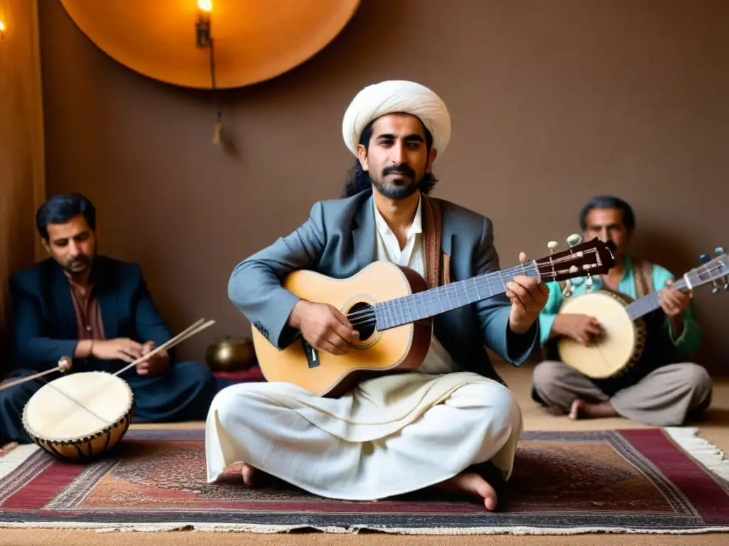 Un músico kurdo se sienta con las piernas cruzadas y toca con habilidad un tanbur, rodeado de colores cálidos de una reunión sufí tradicional