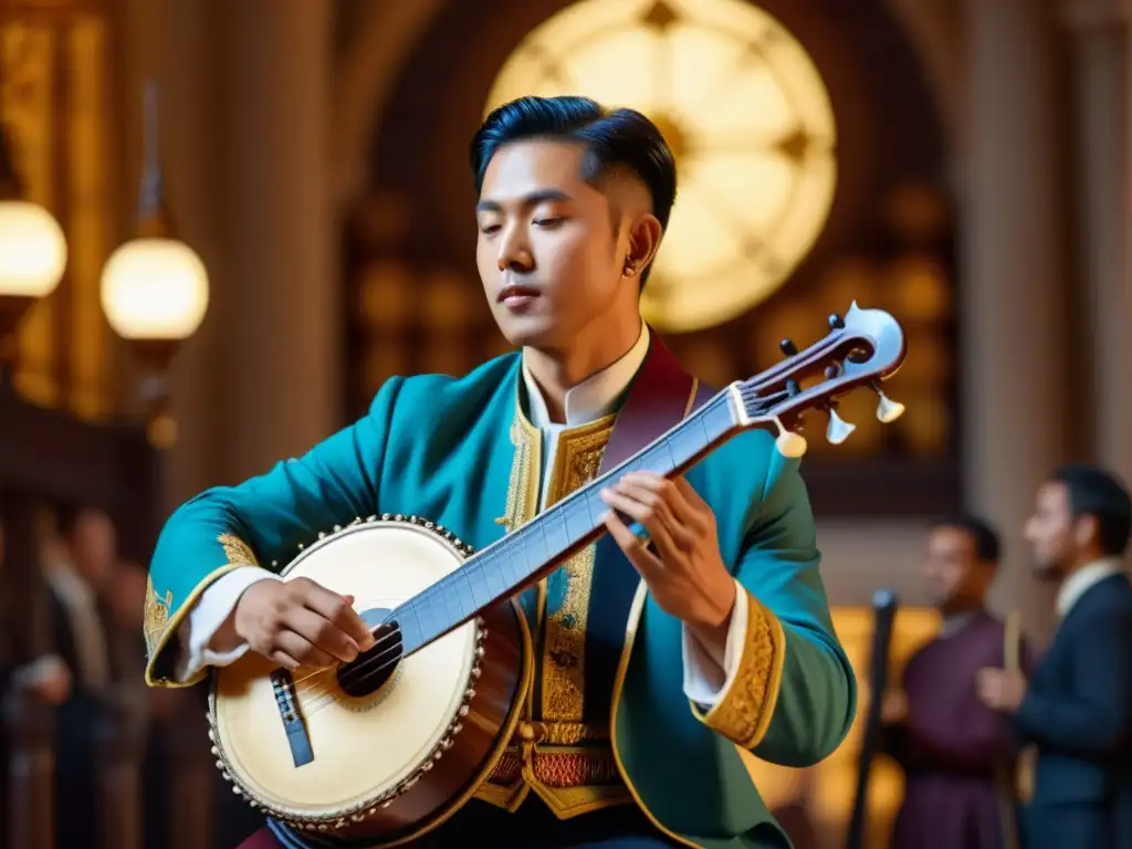 Un músico toca un laúd en un entorno histórico, rodeado de artefactos culturales, evocando la rica historia del laud en diferentes culturas