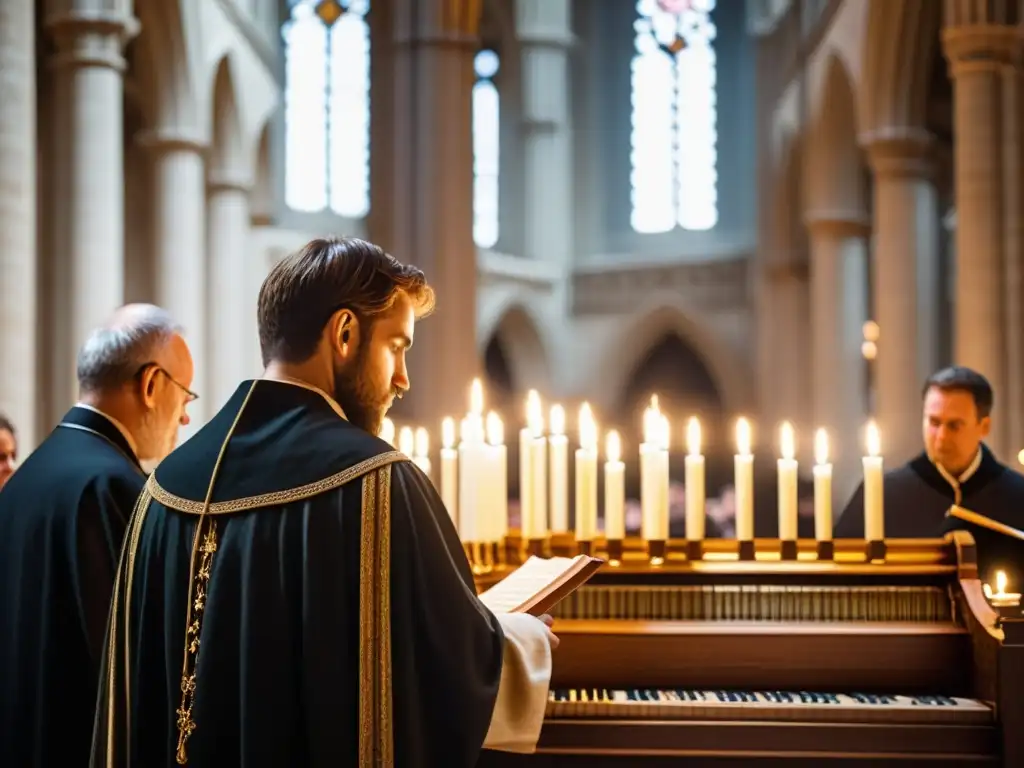 Un músico toca el laúd en una majestuosa catedral iluminada por velas, creando una atmósfera serena y reverente de la música medieval