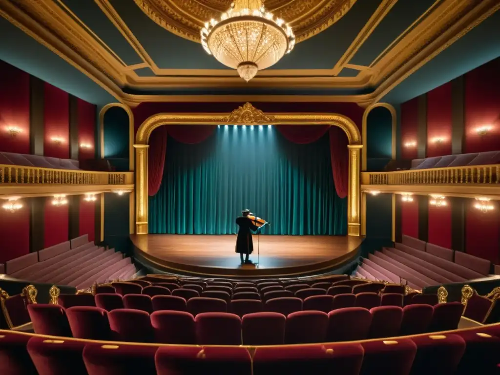 Un músico toca el laúd en un teatro histórico, rodeado de actores en trajes de época