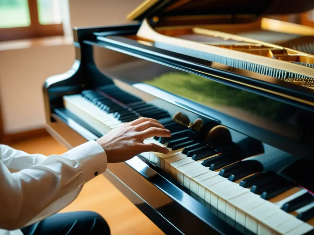 Un músico limpia con cuidado las teclas de un piano de cola, resaltando la importancia de la consejos conservación diaria instrumento musical