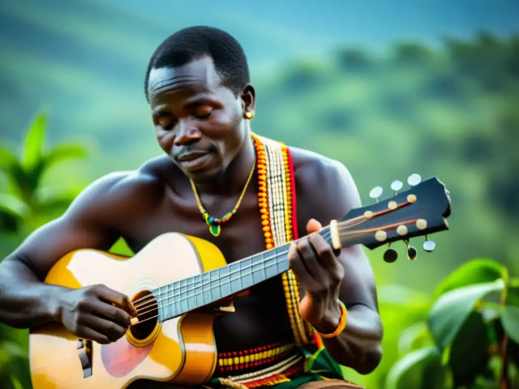 Un músico ugandés toca la lira con el bosque de Budongo de fondo, resaltando la historia y significado cultural de la lira de Uganda