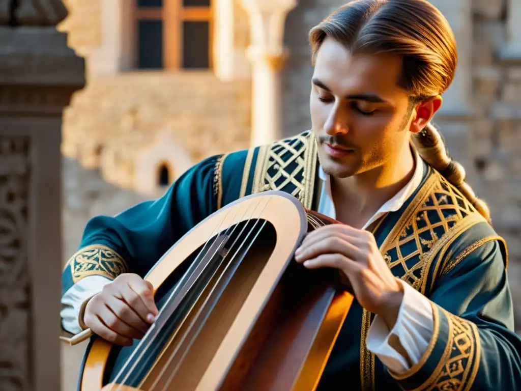 Un músico toca una lira medieval en un patio de castillo europeo, con luz cálida sobre las antiguas paredes de piedra