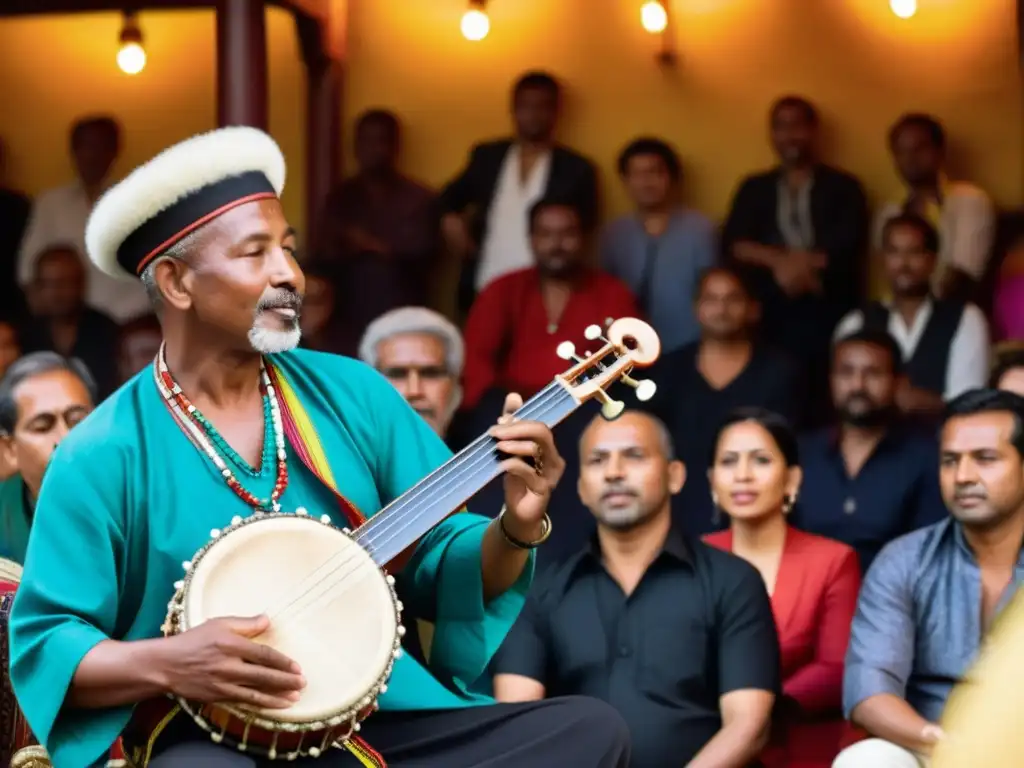 Un músico local toca un instrumento extranjero único, rodeado de oyentes atentos en un vibrante ambiente cultural