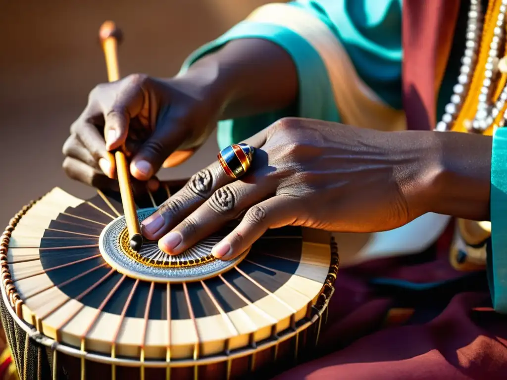 Un músico maestro toca el Kora africano, sus manos expertas crean historia y sonido del kora africano en un ambiente cálido y cultural