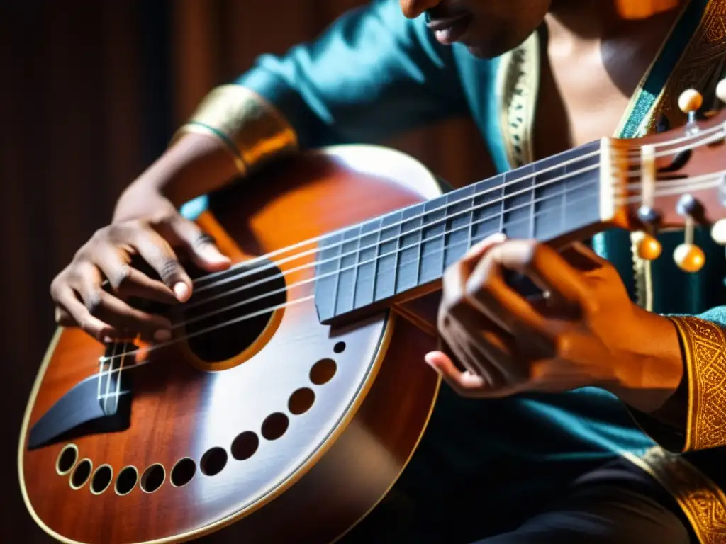 Un músico maestro toca el dutar en un entorno atmosférico, destacando la tradición y la pasión del instrumento tradicional de Asia Central