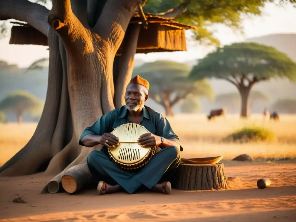 Un músico maestro toca el mbira bajo un árbol al atardecer en Zimbabue, inmerso en el análisis sonoro del mbira de Zimbabue