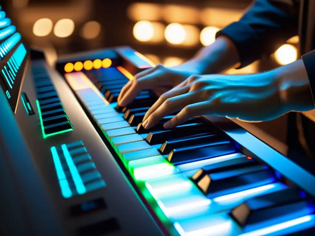 Un músico crea magia con un teclado MIDI para producción musical, resaltando precisión y creatividad