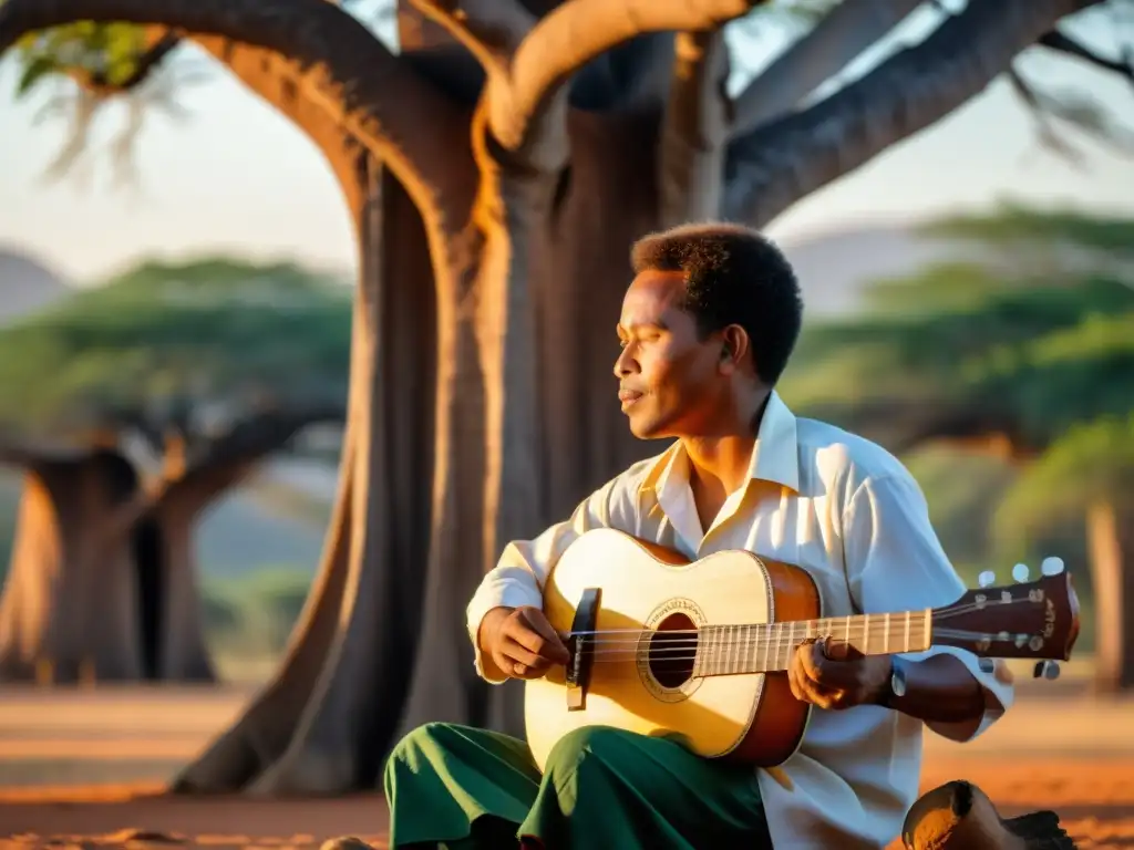 Un músico malgache toca la Valiha Malgache bajo un baobab al atardecer, destacando la cítara tubular y su sonido único