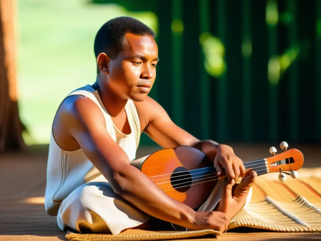 Un músico malgache toca una Valiha malgache, cítara tubular, con pasión bajo la cálida luz filtrada entre la exuberante vegetación