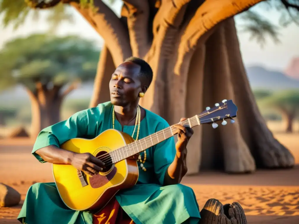 Un músico maliense sintoniza y toca el Ngoni bajo un baobab al atardecer, destacando la rica herencia cultural de Malí