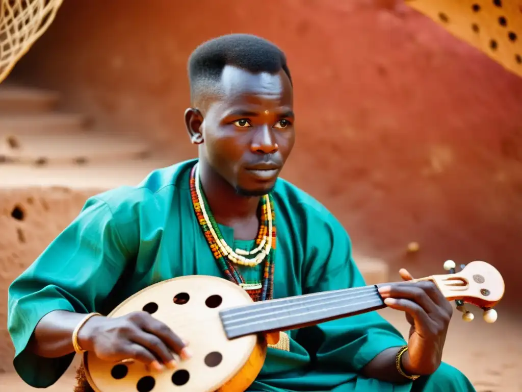 Un músico maliense experto toca el instrumento musical Ngoni entre vibrantes textiles tradicionales, capturando la rica historia cultural de Malí