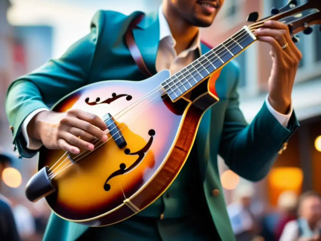 Un músico hábil tocando la mandolina en una bulliciosa calle de la ciudad