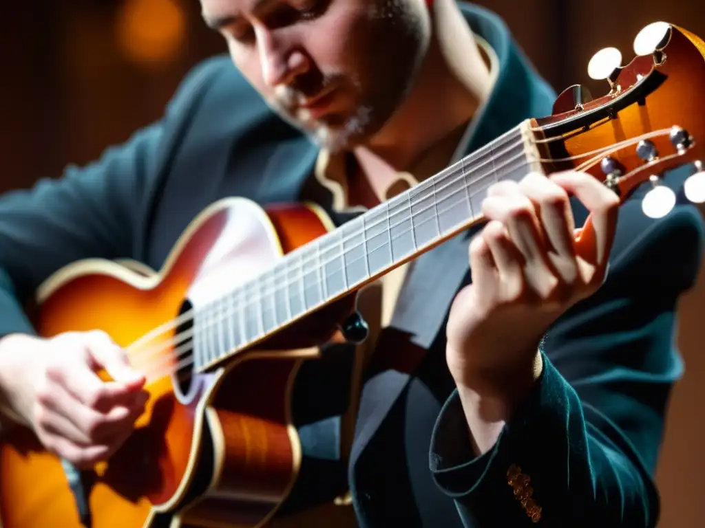 Un músico interpreta apasionadamente la mandolina en un escenario iluminado